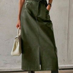 Green PU leather long skirt, size 10