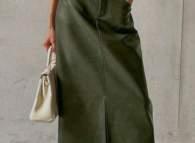 Green PU leather long skirt, size 10