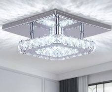Mini Crystal Chandelier Mount Ceiling Light in Chrome Finish - Pendant Lighting for Living Room, Kitchen, Office, Bedroom, Dining Room, Island (White Square)