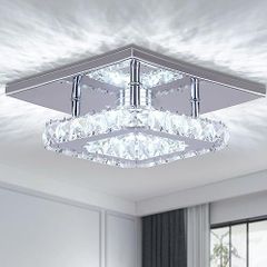 Mini Crystal Chandelier Mount Ceiling Light in Chrome Finish - Pendant Lighting for Living Room, Kitchen, Office, Bedroom, Dining Room, Island (White Square)