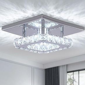 Mini Crystal Chandelier Mount Ceiling Light in Chrome Finish - Pendant Lighting for Living Room, Kitchen, Office, Bedroom, Dining Room, Island (White Square)