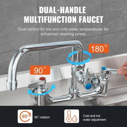 Faucet with Pre-Rinse Sprayer, 36" (91.4 cm) Height, 8" (20.3 cm) Center, 12" (30.5 cm) Swing Spout, Wall Mount Kitchen Sink Faucet, Brass Constructed Device with Pull Down Spray, for 1/2/3 Compartment Sink