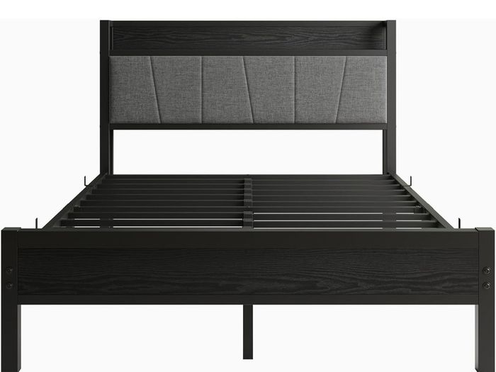 Double Bed Frames with Wooden Storage Headboard,Heavy Duty Metal Upholstered Platform Bed Frame