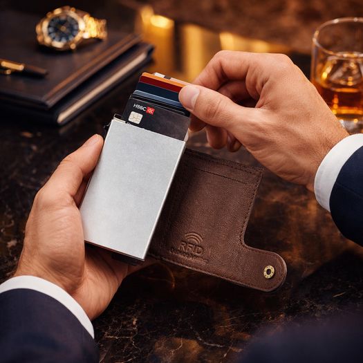 Genuine Leather Pop-Up Card Holder Wallet RFID Blocking Slim Credit Card Case