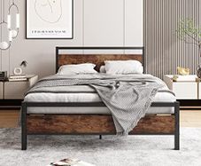 Double Bed Frame with Wooden Headboard,Heavy Duty Metal Platform Bed Frame Double