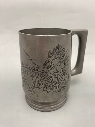 19th Century Chinese Pewter Engraved Dragon Mug - Marked