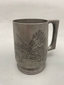 19th Century Chinese Pewter Engraved Dragon Mug - Marked