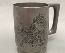 19th Century Chinese Pewter Engraved Dragon Mug - Marked