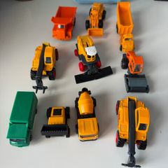 Toy cars diggers, trucks, dumper trucks, cement mixer, road roller and more.