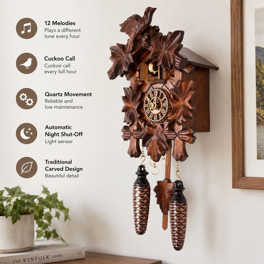Traditional Carved Cuckoo Clock with Music  Quartz Movement, 12 Melodies & Light Sensor