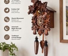 Traditional Carved Cuckoo Clock with Music  Quartz Movement, 12 Melodies & Light Sensor