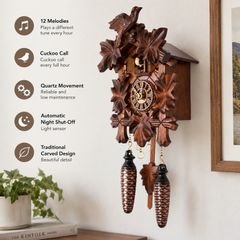 Traditional Carved Cuckoo Clock with Music  Quartz Movement, 12 Melodies & Light Sensor