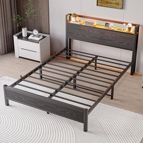 King Size Bed Frame with Storage,LED Lights,5ft Metal Bed Frame Kingsize Bed Frame with Charging Station,Mattress Foundation,Strong Steel Slats Support,Noise Free,Black