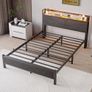 King Size Bed Frame with Storage,LED Lights,5ft Metal Bed Frame Kingsize Bed Frame with Charging Station,Mattress Foundation,Strong Steel Slats Support,Noise Free,Black Image 3