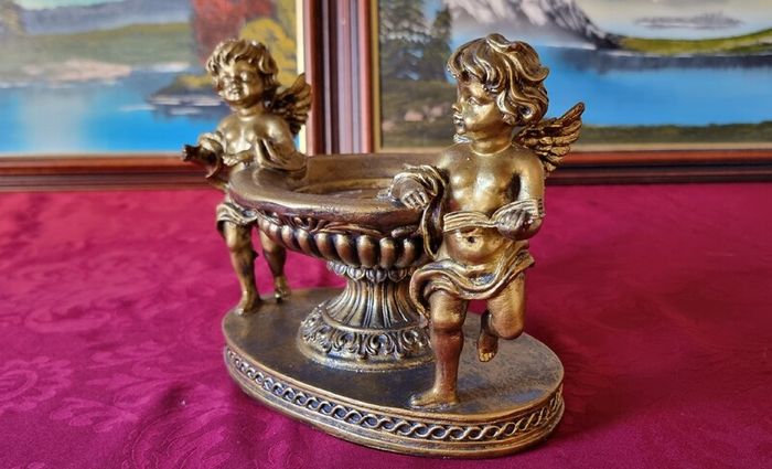 Antique Cherub Gold Effect Ornamental Pedestal Metal Candle Holder Pedestal Stand Made In Spain