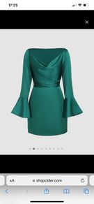 BNWT Satin green mini dress with cowl neck & bell sleeves. Size M