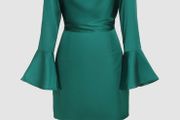 BNWT Satin green mini dress with cowl neck &amp; bell sleeves. Size M