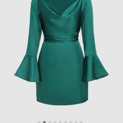 BNWT Satin green mini dress with cowl neck & bell sleeves. Size M