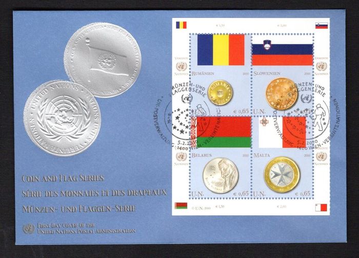 2010 United Nations (Geneva) Coins & Flags (Romania, Slovenia, Azerbaijan, Bangladesh, Belarus, Malta, Swaziland & Jordan) Commemorative Stamps First Day Cover (FDC)