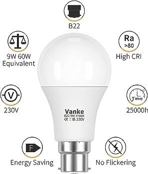 Bayonet Light Bulb 60w, B22 LED Bulbs Warm White 2700K, 9w Energy Saver Bulb, 806 Lumen, Non-Dimmable, 3-Pack