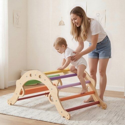 Pikler Triangle Set, 9-in-1 Toddler Climbing Toys Indoor, with Xylophone, Cushion, Triangle, Arch, and Ramp, 68 kg Load, Foldable Montessori Climbing Set for Toddlers and Kids, Rainbow