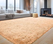 Fluffy Bedroom Rug Beige Large Area Rugs 160 by 230 cm for Living Room Lounge Plush Carpet Modern Soft Shaggy Pile Faux Fur Rug for Home
