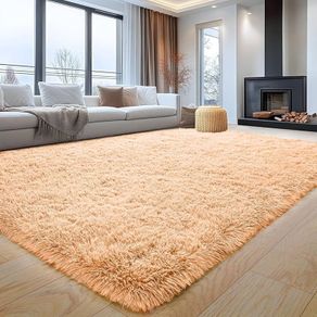 Fluffy Bedroom Rug Beige Large Area Rugs 160 by 230 cm for Living Room Lounge Plush Carpet Modern Soft Shaggy Pile Faux Fur Rug for Home