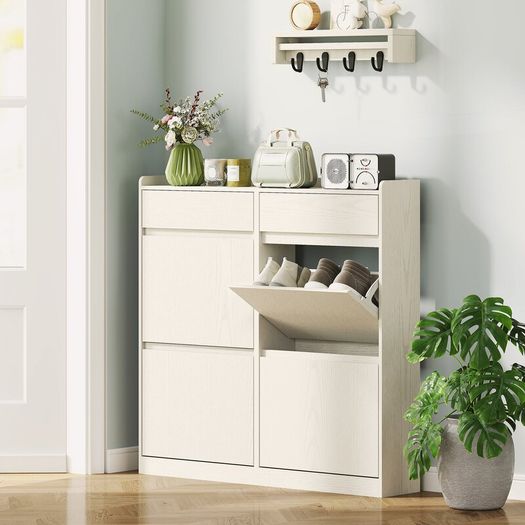 Shoe Cabinet for 8 Pairs with 2 Sliding Drawers and 4 Flip-Down Drawers