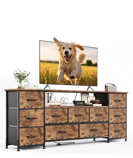 Tv Cabinet, Dresser for Bedroom with 11 Fabric Drawers, TV Stand with Power Socket for TVs up to 70 inch TV Units for Living Room, Bedroom, Rustic Brown
