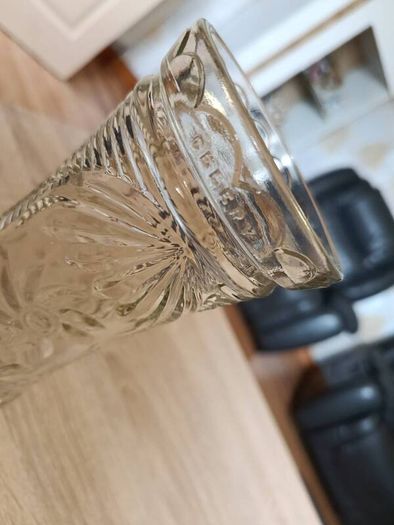 Antique pressed glass celery vase with embossed text