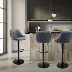 Set of 2 Bar Stools, Anthracite, Adjustable Height, Faux Leather, 360 Swivel, Padded Seat with Backrest & Footrest, Modern Counter Height Bar Chairs for Kitchen, Home Bar & Bistro