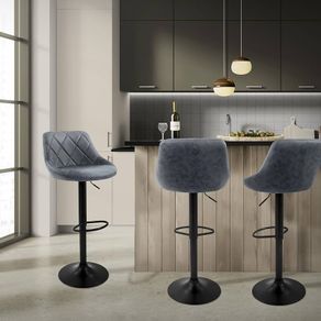 Set of 2 Bar Stools, Anthracite, Adjustable Height, Faux Leather, 360 Swivel, Padded Seat with Backrest & Footrest, Modern Counter Height Bar Chairs for Kitchen, Home Bar & Bistro