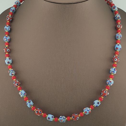 Antique Venetian Style Blue Skunk Eyes & Red Venetian WhiteHeart Glass Beads Necklace