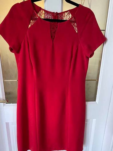 Coast dress, red with lace inset detail, Size 14, above-knee length, VGC