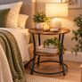 Round Industrial Side Table with 2 Tier Storage Shelf Vintage Brown & Black Image 2