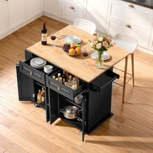 Kitchen Island Cart, 43" Wood Top Mobile Carts with Storage Cabinet, Rolling Table with Drop Leaf, Spice Rack, Towel Bar, Adjustable Shelf, Drawer, and Hooks, Portable Islands on Wheels, Black