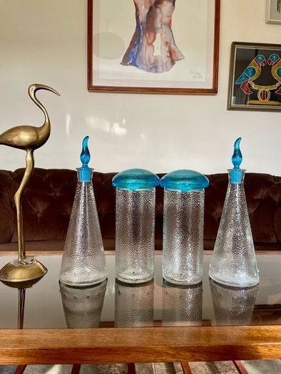 Set of Glass Genie Bottles with Turquoise Blue Flame Stoppers and Tall Containers with Mushroom Lids MCM Retro