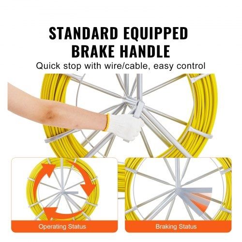 Fish Tape Fiberglass, 150.3 m, 8.0 mm, Duct Rodder Fishtape Wire Puller, Cable Running Rod with Steel Reel Stand, 3 Pulling Heads, Fishing Tools for Walls