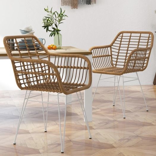 Set of 2 bohemian design dining chairs with resin wicker seat and white steel base