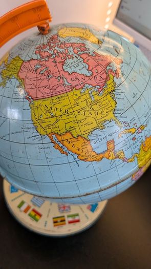 Vintage USSR Era World Globe Orange Meridian International Flag Base