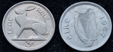 [#425] - Ireland 1967 | 3 Pence | Irish 3d | Hare | KM.12a | MS