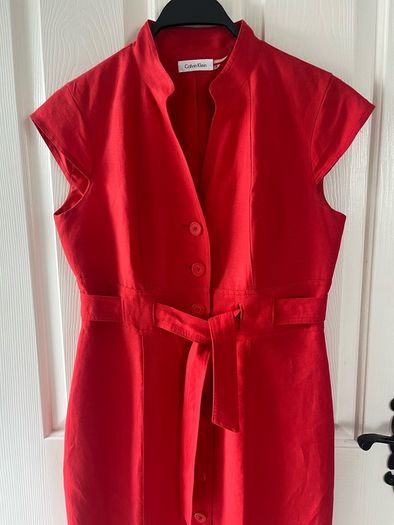 Calvin Klein Red Linen Belted Shirt Dress - Size Medium US 8 / UK10
