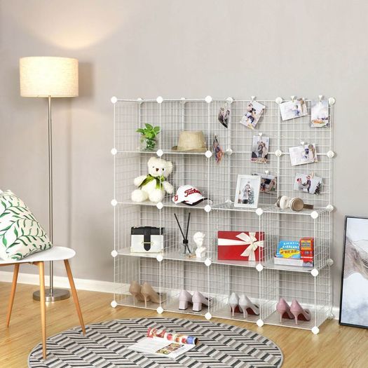 16 cube storage system made of metal wire, DIY cabinet, modular, grid shelf, with wire frame, white