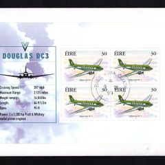 1999 Ireland Civil Aviation noting details of Douglas DC3 Airplane Commemorative Stamp Booklet Pane Fine CDS used on cover being first day of issue (FDC). Hibernian HP115