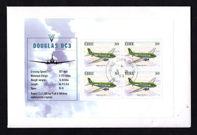 1999 Ireland Civil Aviation noting details of Douglas DC3 Airplane Commemorative Stamp Booklet Pane Fine CDS used on cover being first day of issue (FDC). Hibernian HP115