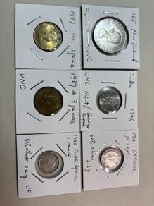 6 assorted coins including 2 silver coins