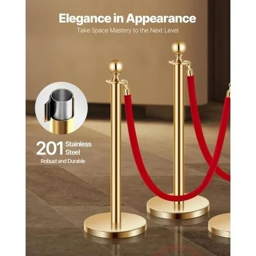 Stanchion Post, 8 Pcs Crowd Control Barrier Set with 6 Red Velvet Ropes, 5 ft Stainless Steel Gold Stanchion Post Queue with Sand Injection Hollow Base for Theater, Party, Wedding, Exhibition