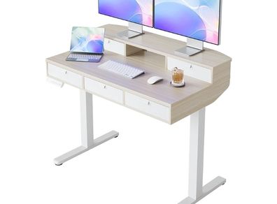 Standing Desk with Fabric Drawers, 100x60cm, Natural  Drawers, C-Clamp Compatible, 4 Memory Presets, 72-118cm Height Range, Multiple Sizes & Colors, Durable Steel Frame.