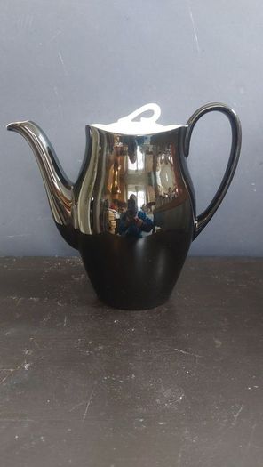 Stunning Vintage MCM 1950's Coffee Set for Six, Including Coffee Pot, by Johnson Bros, in Black and Cream with Pink Rose Detailing and Platinum Gilt Design