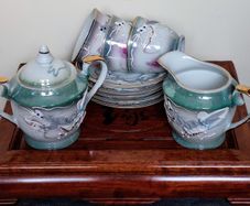 Vintage Japanese Geisha Moriage Lithophane  Coffee Set